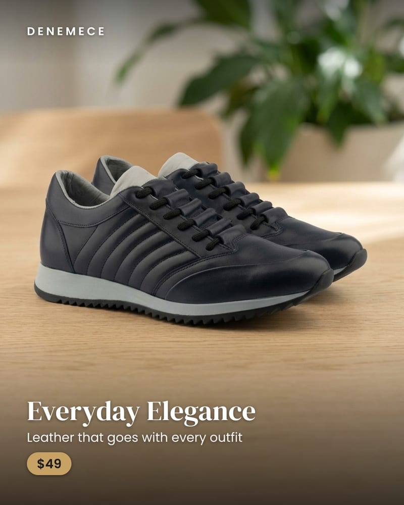 Navy leather sneaker on a wooden table in a natural, plant-filled scene