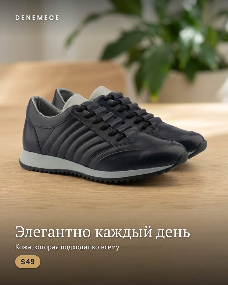 Тёмно-синие кожаные кроссовки на деревянном столе в природной сцене с растениями