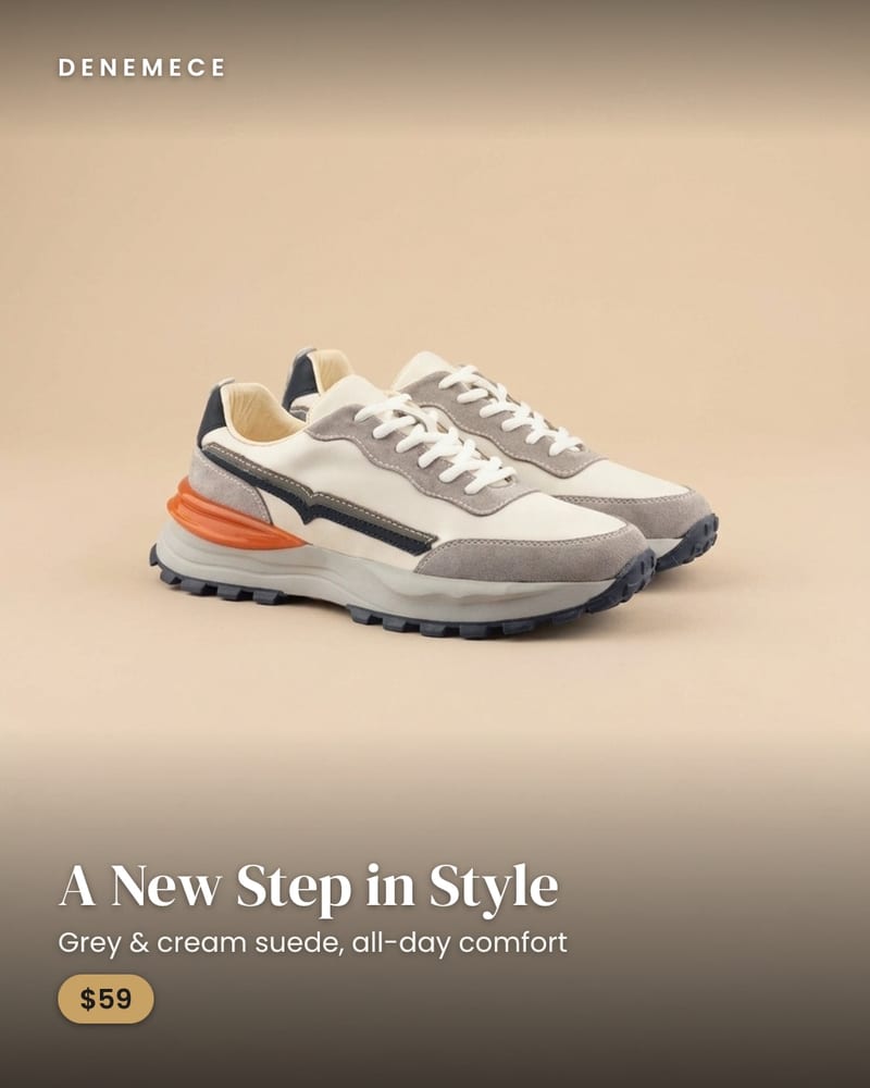 Grey and cream sneaker placed in a studio scene by AI, with headline and price text