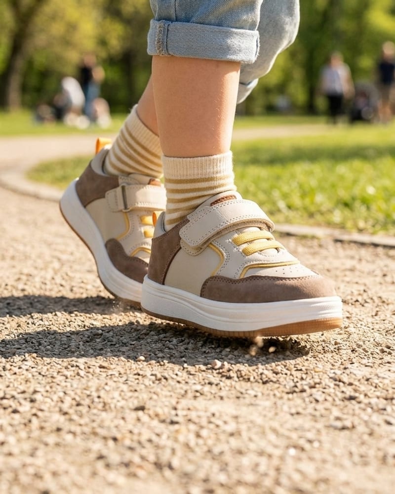 The same kids' sneaker on a child walking in the park